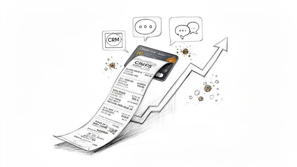 Sketch of a credit card, a long receipt, CRM, communication bubbles, and an upward growth arrow.
