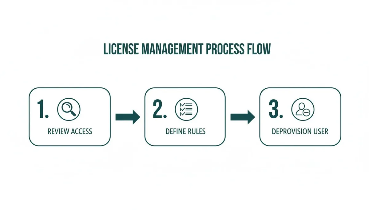 A three-step license management process flow diagram illustrating review access, define rules, and deprovision user.