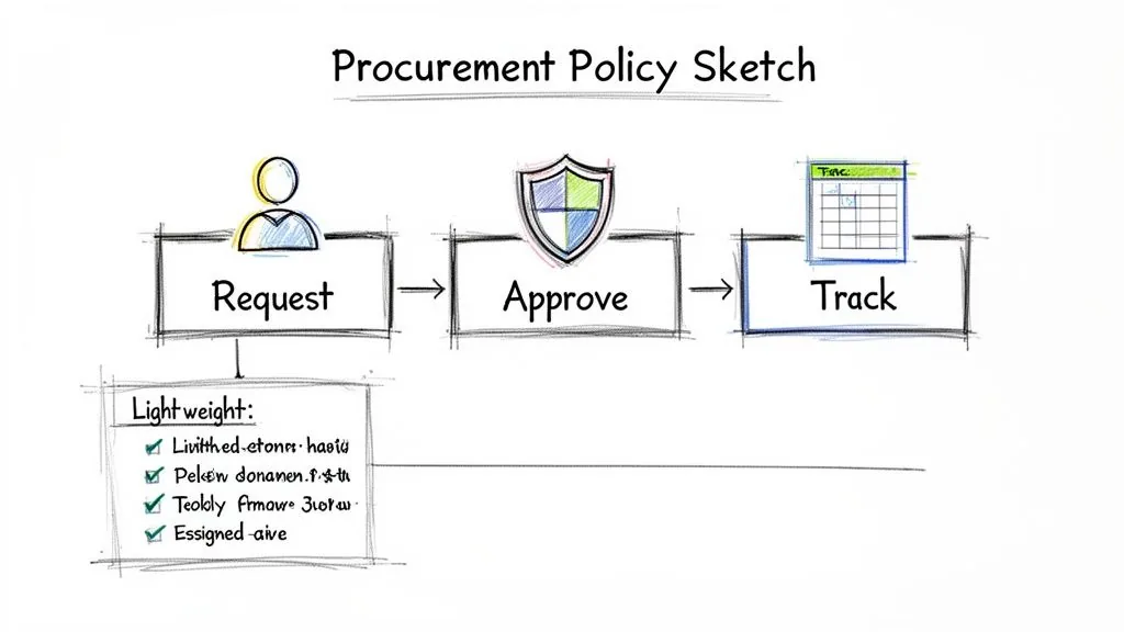 A hand-drawn sketch illustrating a procurement policy workflow, including request, approve, and track steps.