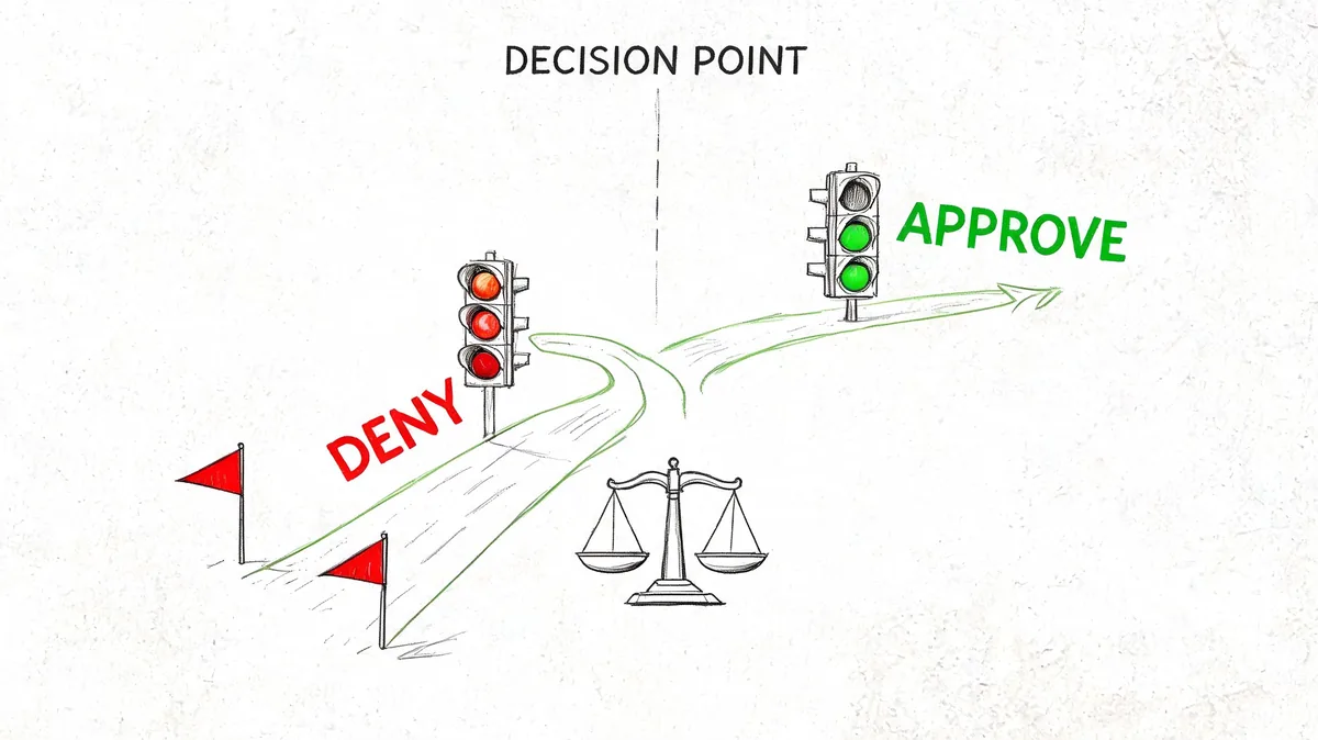 A conceptual drawing of a decision point with a fork in the road, traffic lights, and scales of justice.