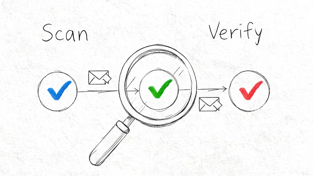 A hand-drawn illustration showing a document moving through a magnifying glass for security scanning and verification.