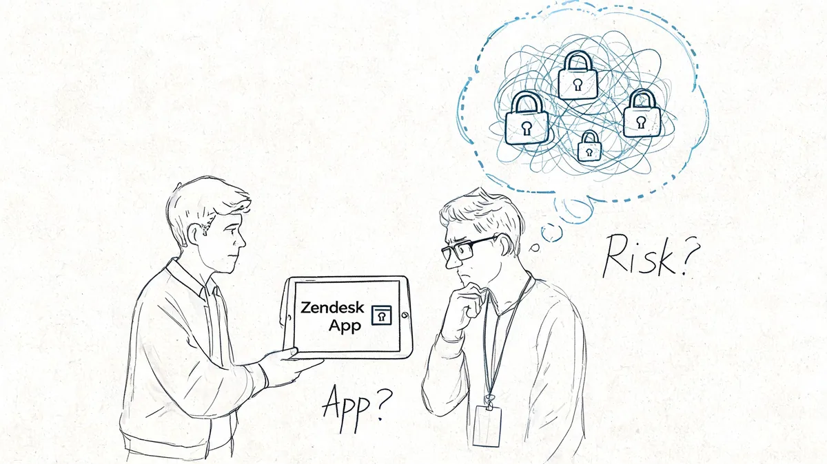 A professional illustration showing a person presenting a Zendesk app to a concerned colleague thinking about risks.