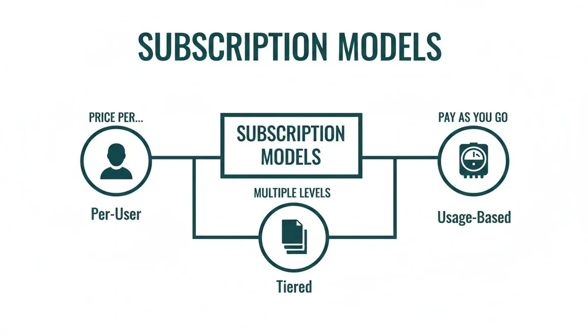 A diagram showcasing three types of subscription models: Per-User, Tiered, and Usage-Based.