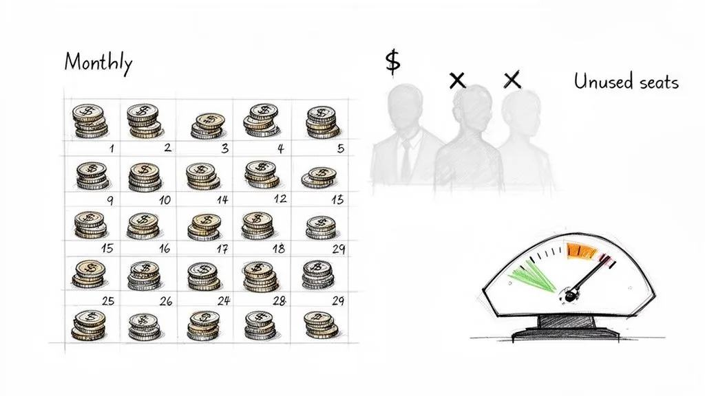 Illustration of monthly income, unused capacity shown by crossed-out people, and a poor performance gauge.