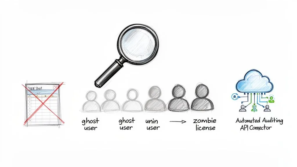 Diagram showing automated auditing identifying ghost, unused, and zombie user licenses to prevent wasted subscription costs.
