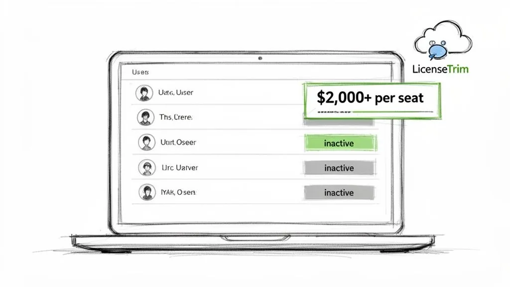 Illustration of a laptop screen showing user accounts, inactive statuses, and "$2,000+ per seat" pricing for LicenseTrim.