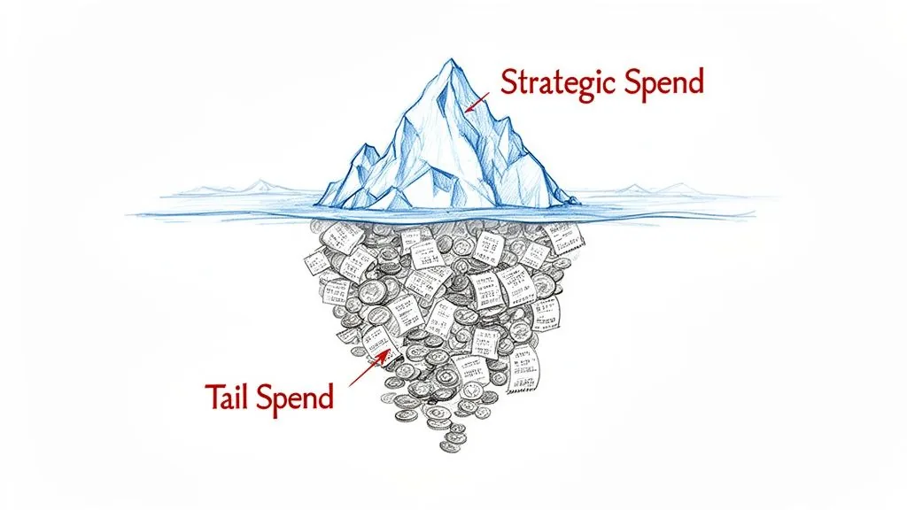 An iceberg diagram illustrating 'Strategic Spend' above water and 'Tail Spend' below, represented by receipts and coins.