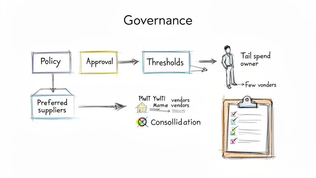 A flowchart illustrating governance for tail spend management, including policy, approval, thresholds, preferred suppliers, and vendor consolidation.