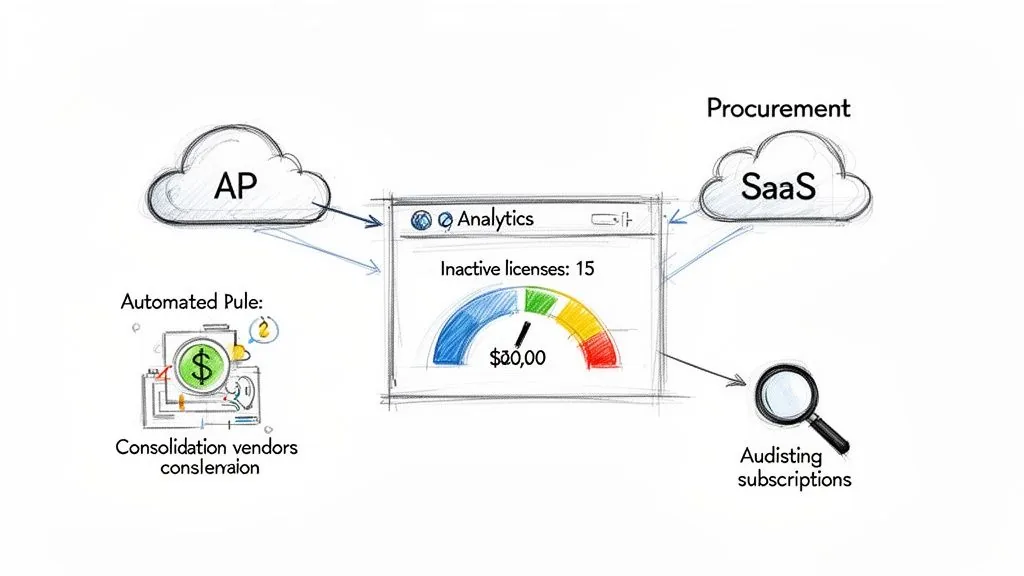 Diagram showing an analytics dashboard tracking inactive SaaS licenses and associated cost savings, integrated with AP and Procurement.