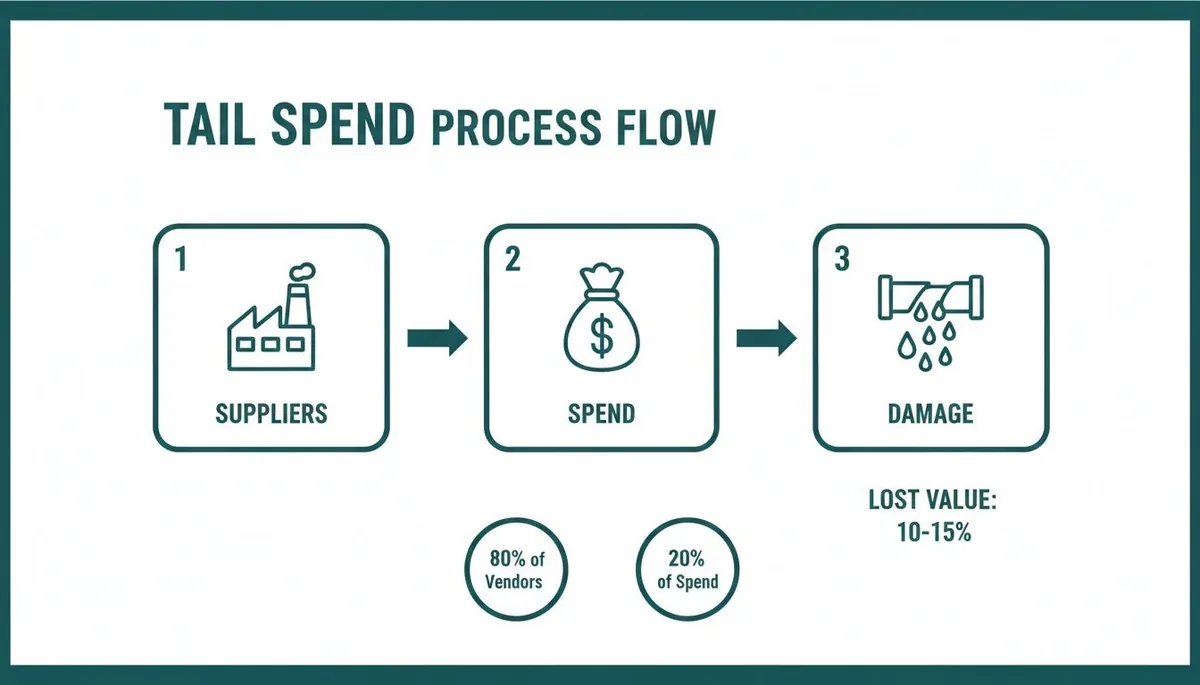 Diagram illustrating the tail spend process flow, showing suppliers, spending, and lost value from damage.