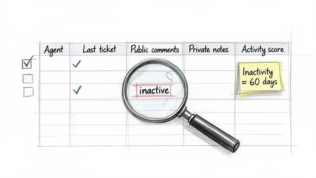 A hand-drawn table showing agent activity, with a magnifying glass highlighting 'inactive' and a note indicating 'Inactivity = 60 days'.