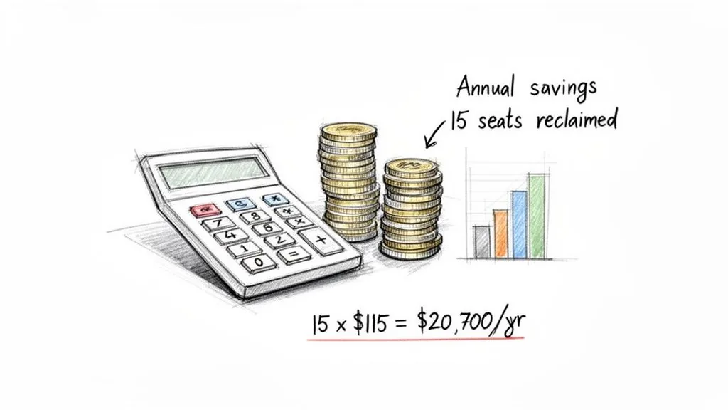 A calculator, stacks of coins, and a bar chart illustrate annual savings of $20,700 from reclaiming 15 seats.
