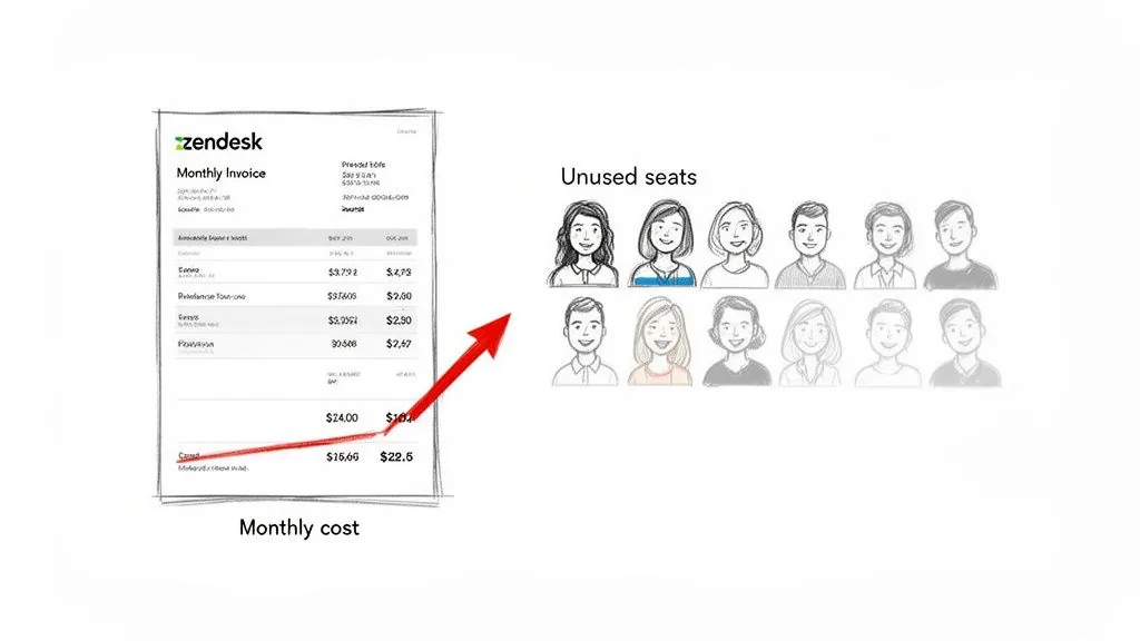 Zendesk invoice displaying rising monthly costs linked to unused software seats and employee illustrations.
