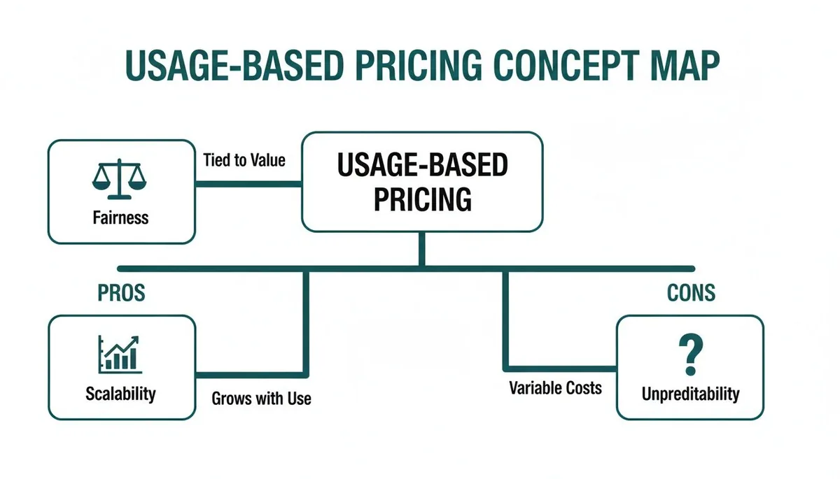 Concept map on usage-based pricing, detailing pros like fairness and scalability, and cons such as unpredictability and variable costs.