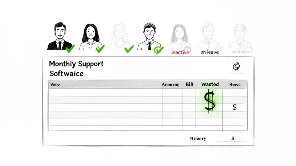 A software support cost table showing user statuses, active, inactive, and on leave, with wasted money highlighted.