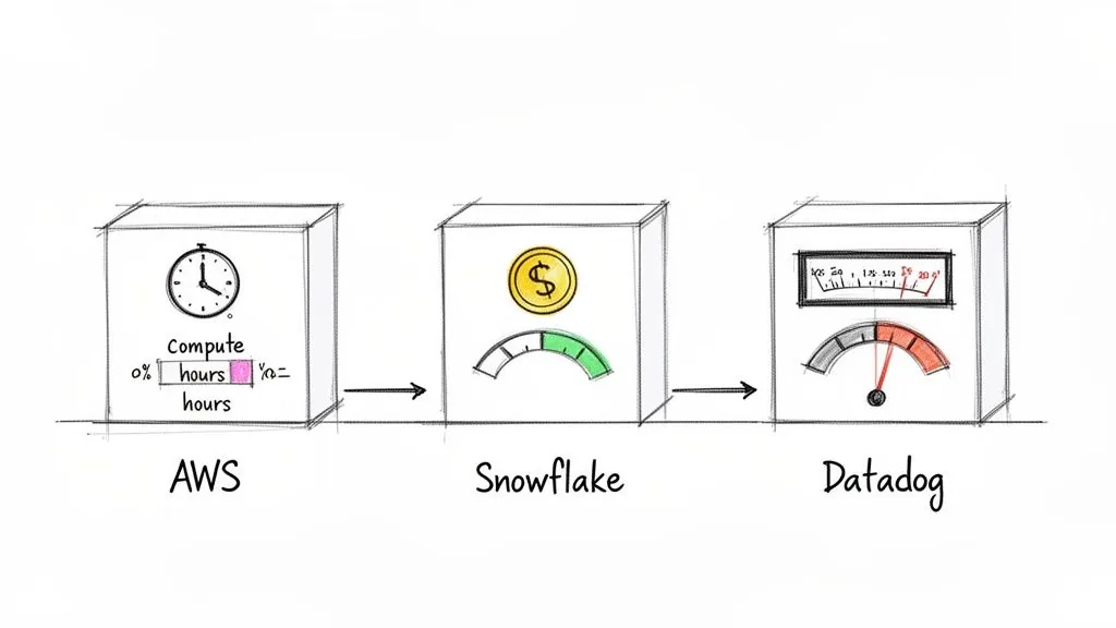 Diagram showing cloud resource usage tracking from AWS compute hours to Snowflake costs and Datadog monitoring.