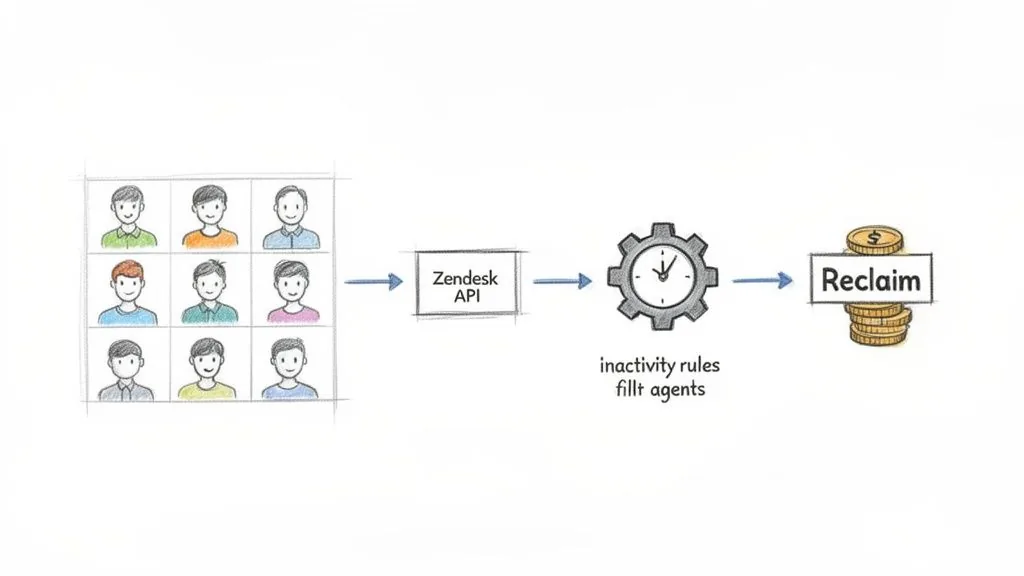 Diagram showing user agents processed by Zendesk API, filtered by inactivity rules, leading to cost reclamation.