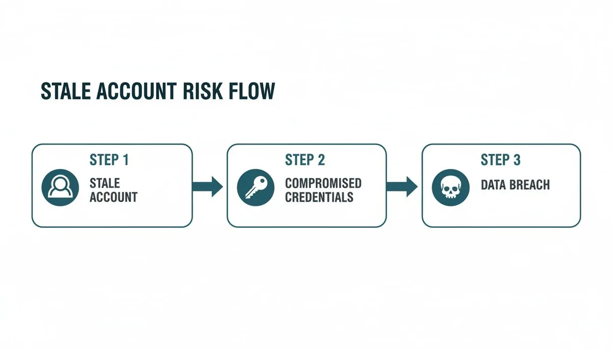 Flowchart showing stale account risk: stale account, compromised credentials, and data breach progression.