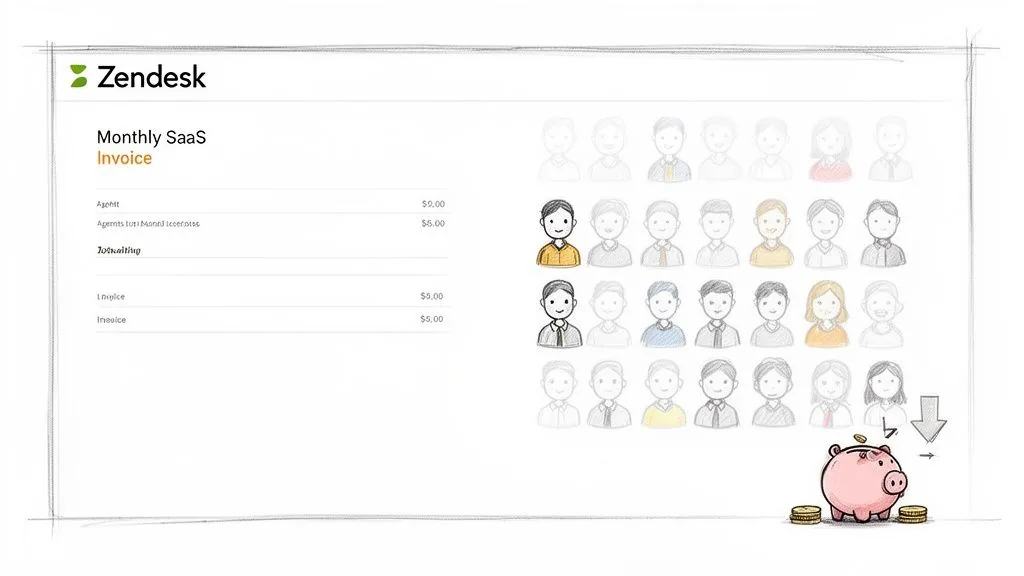 Zendesk monthly SaaS invoice showing user licenses, costs, and a piggy bank for savings.