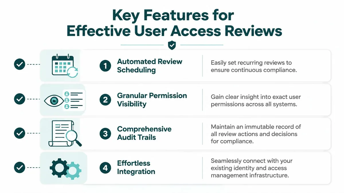 A diagram listing four key features for effective user access reviews, including automation, visibility, auditing, and integration.