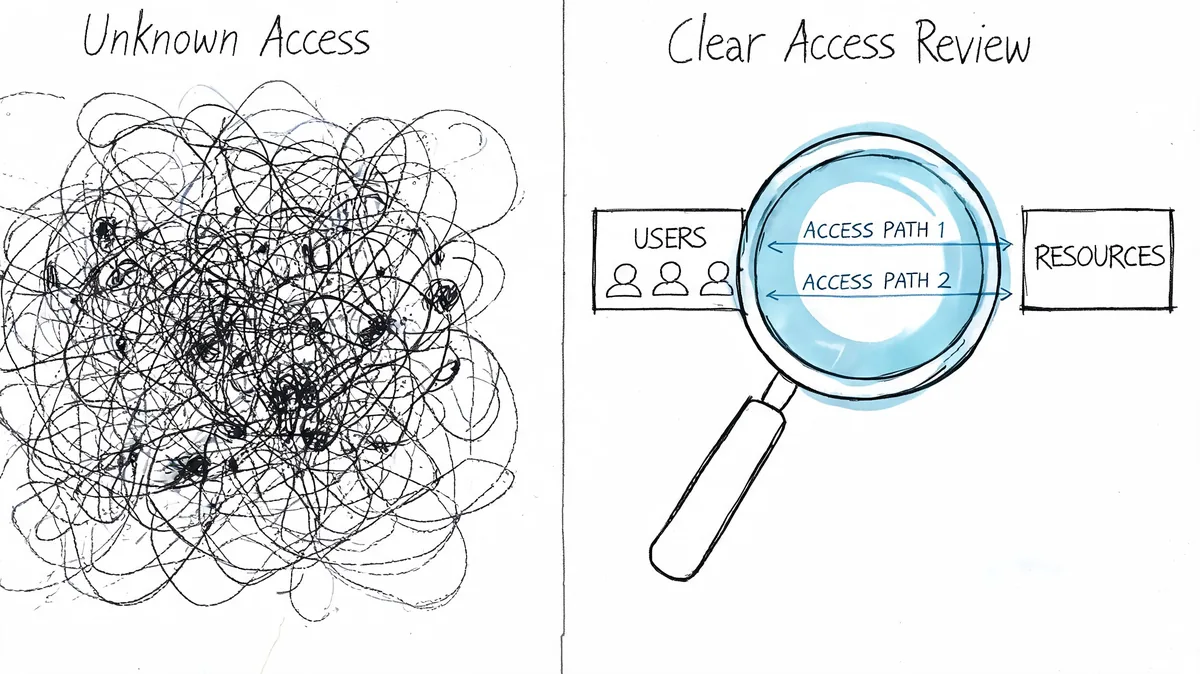 A diagram comparing complex, tangled unknown access with a clear, organized user access review process.