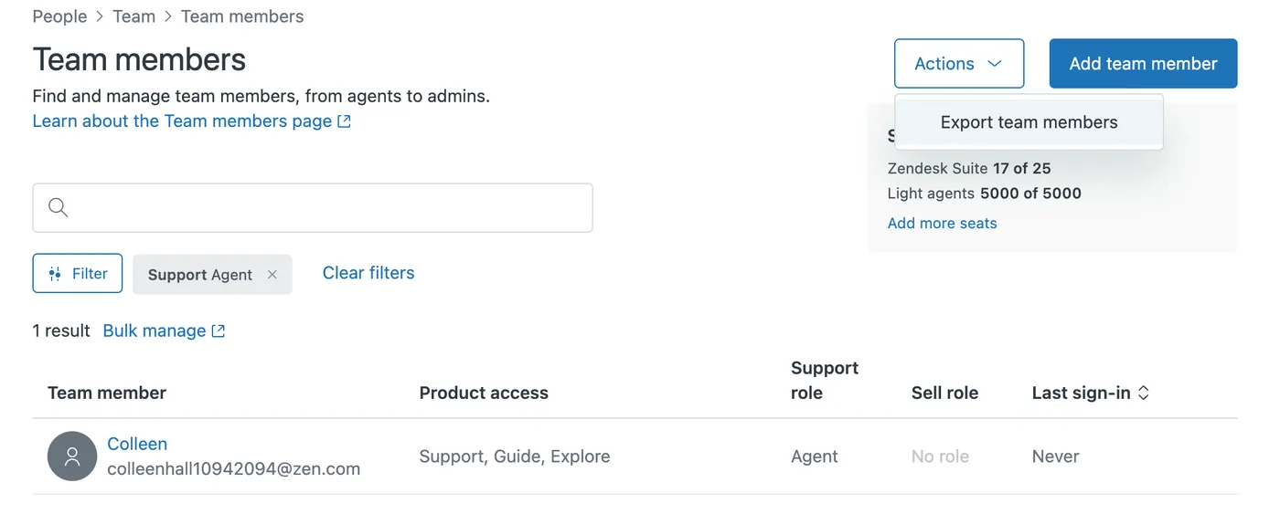 Zendesk Admin Center Team members page with the Actions menu open on Export team members, showing a Last sign-in column