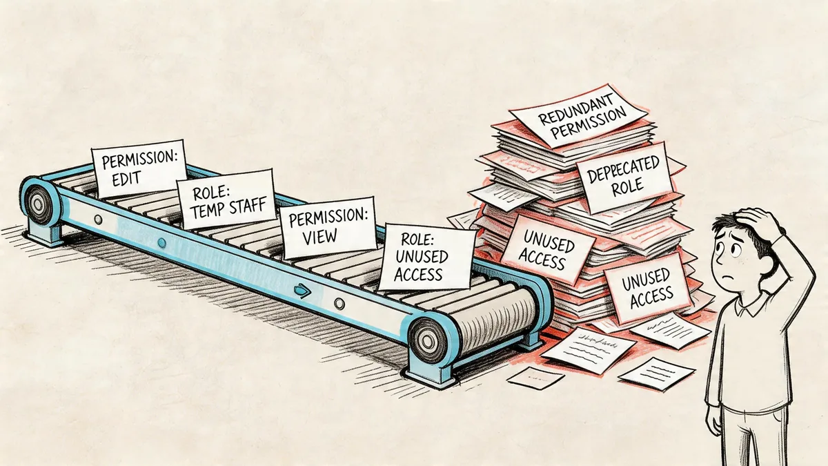A frustrated person looking at a conveyor belt overflowing with papers labeled with access management terms.