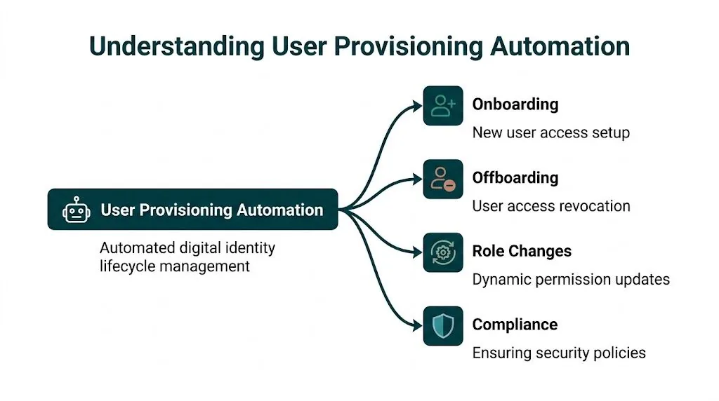 A diagram illustrating the benefits of user provisioning automation for onboarding, offboarding, role changes, and compliance management.
