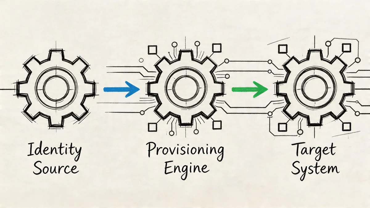 A diagram illustrating the user provisioning process flow from identity source to provisioning engine to target system.