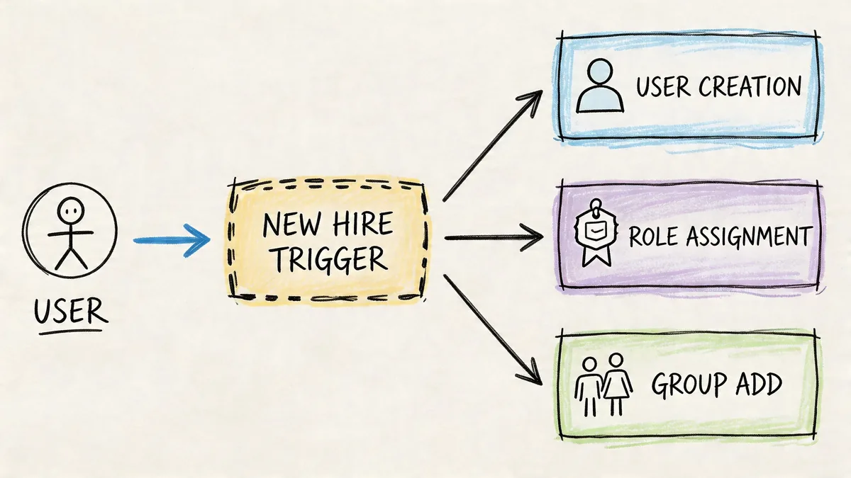 A diagram illustrating user provisioning automation with a new hire trigger leading to three different actions.
