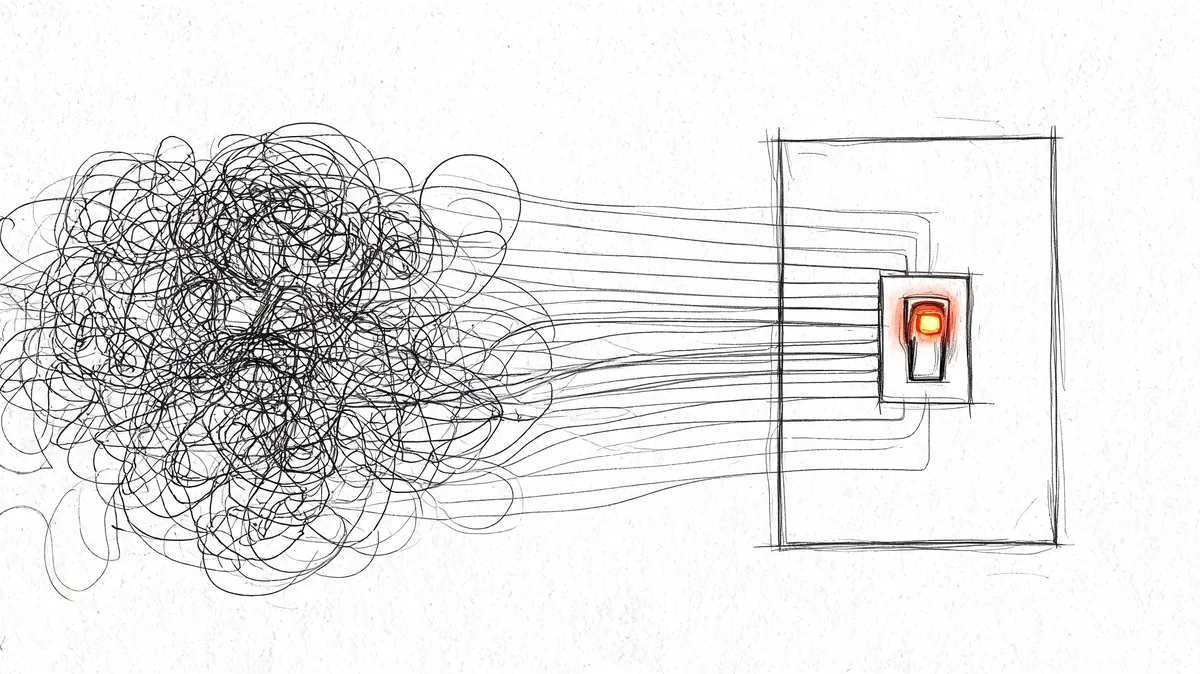 A complex tangled sketch of wires connected to a single light switch on a white background.