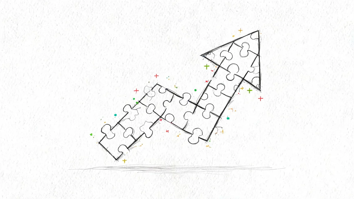 A hand-drawn sketch of an upward trending arrow made of interlocking puzzle pieces on a textured background.