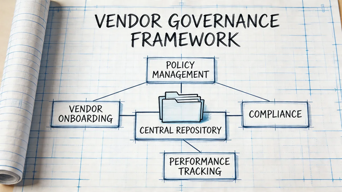 A hand-drawn flowchart on blueprint paper illustrating the components of a corporate vendor governance framework.