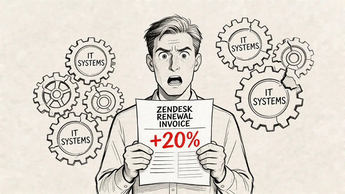 A shocked man holding a Zendesk renewal invoice with a 20 percent price increase amidst broken gears.