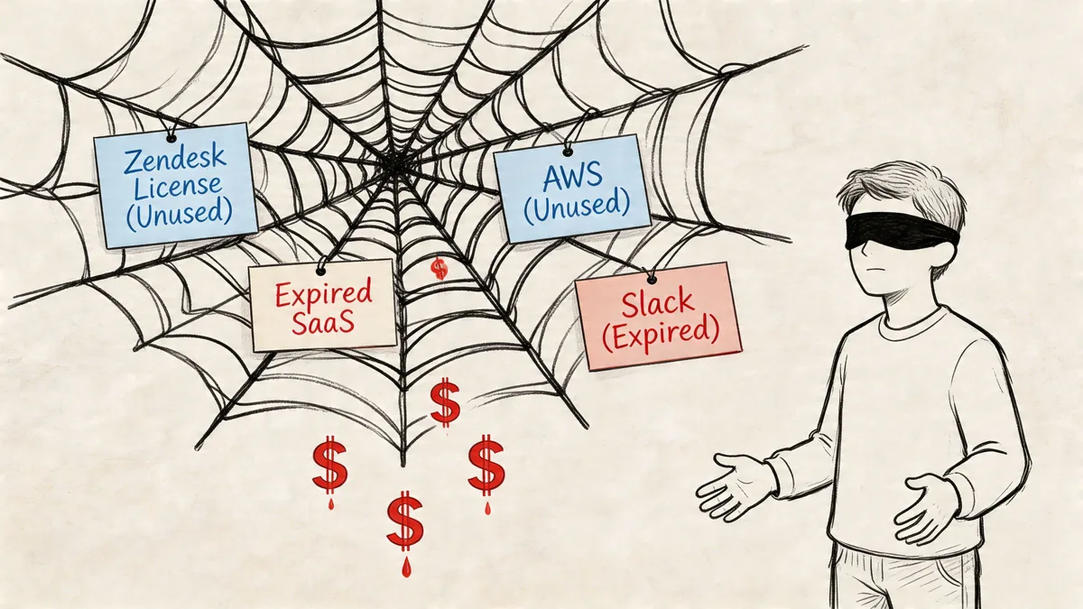 A blindfolded person standing before a spider web filled with notes about unused and expired software subscriptions.