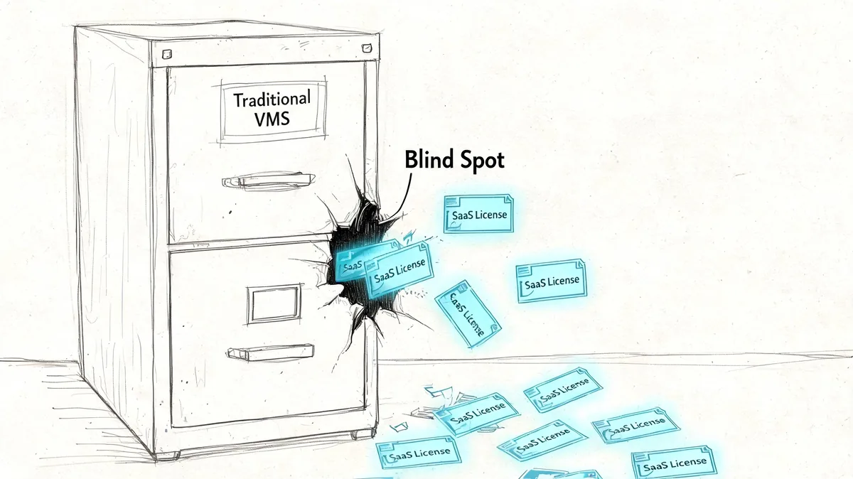 A digital drawing showing a traditional VMS filing cabinet with a blind spot leaking SaaS licenses.