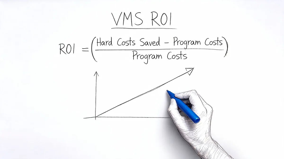 A hand drawing a graph illustrating the VMS ROI formula on a white board surface.