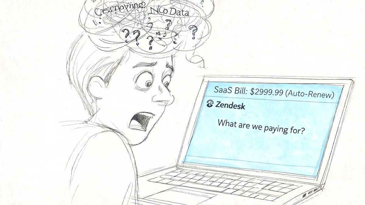 A confused person looking at a costly Zendesk SaaS subscription invoice on a laptop screen.