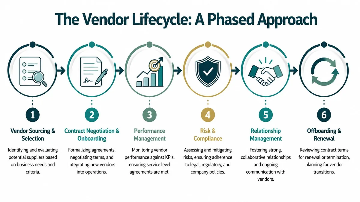 A six-stage phased approach diagram illustrating the complete vendor lifecycle from sourcing to renewal.