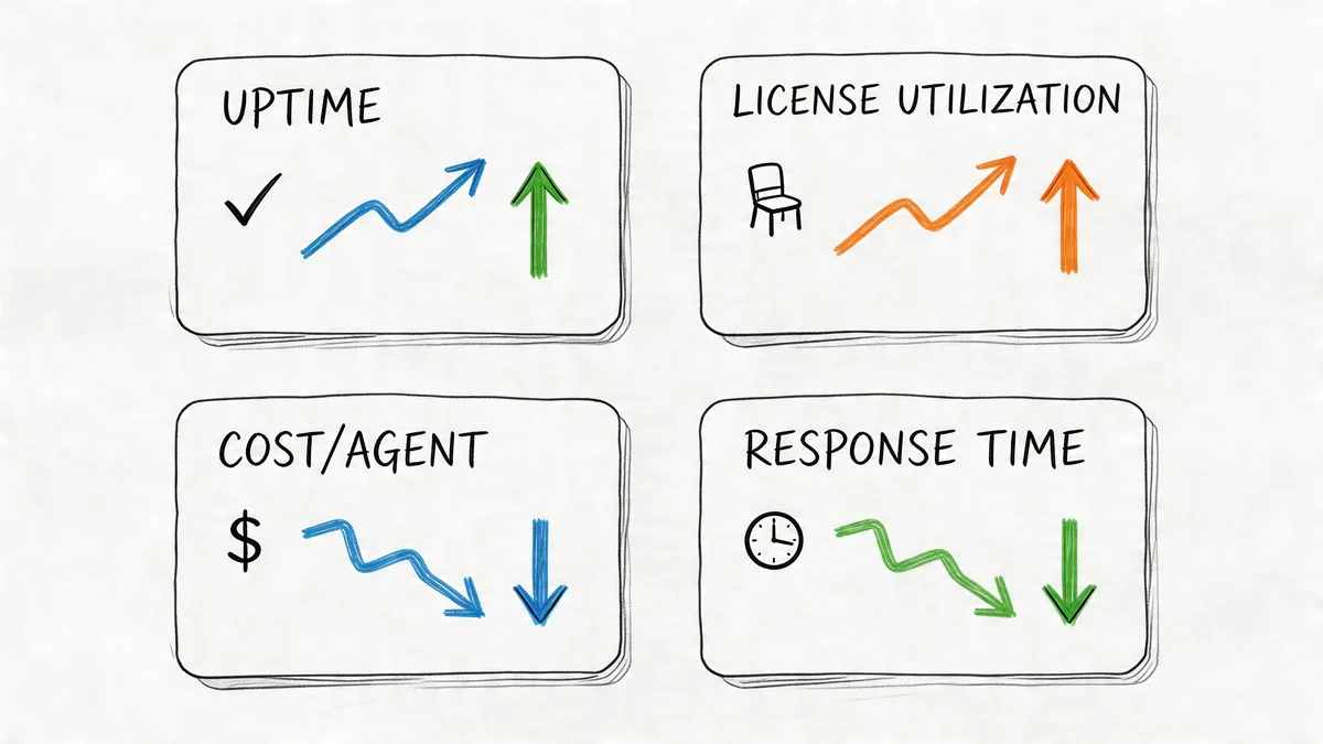 A diagram with four squares displaying metrics like uptime, license utilization, cost per agent, and response time.