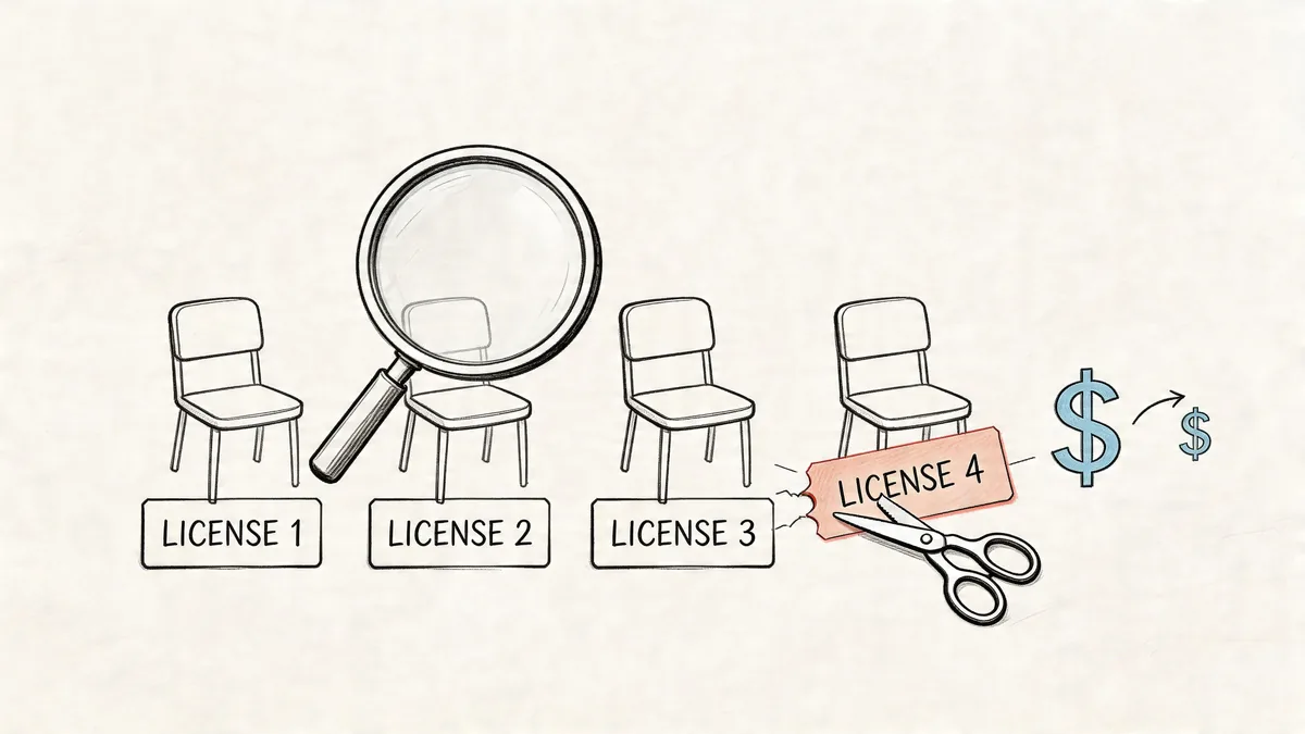 A line drawing illustration showing four license seats with a magnifying glass and scissors cutting a license.