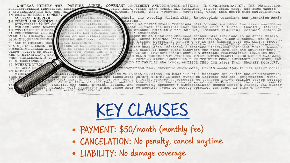 A magnifying glass inspecting a legal contract document highlighting key service agreement clauses and payment terms.