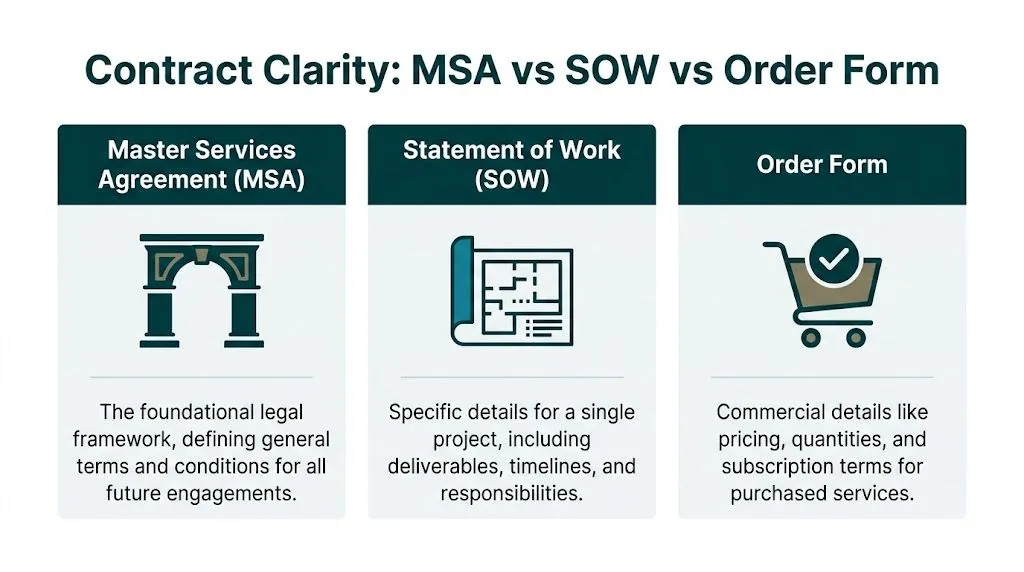A diagram comparing the definitions and purposes of an MSA, SOW, and Order Form in business contracts.