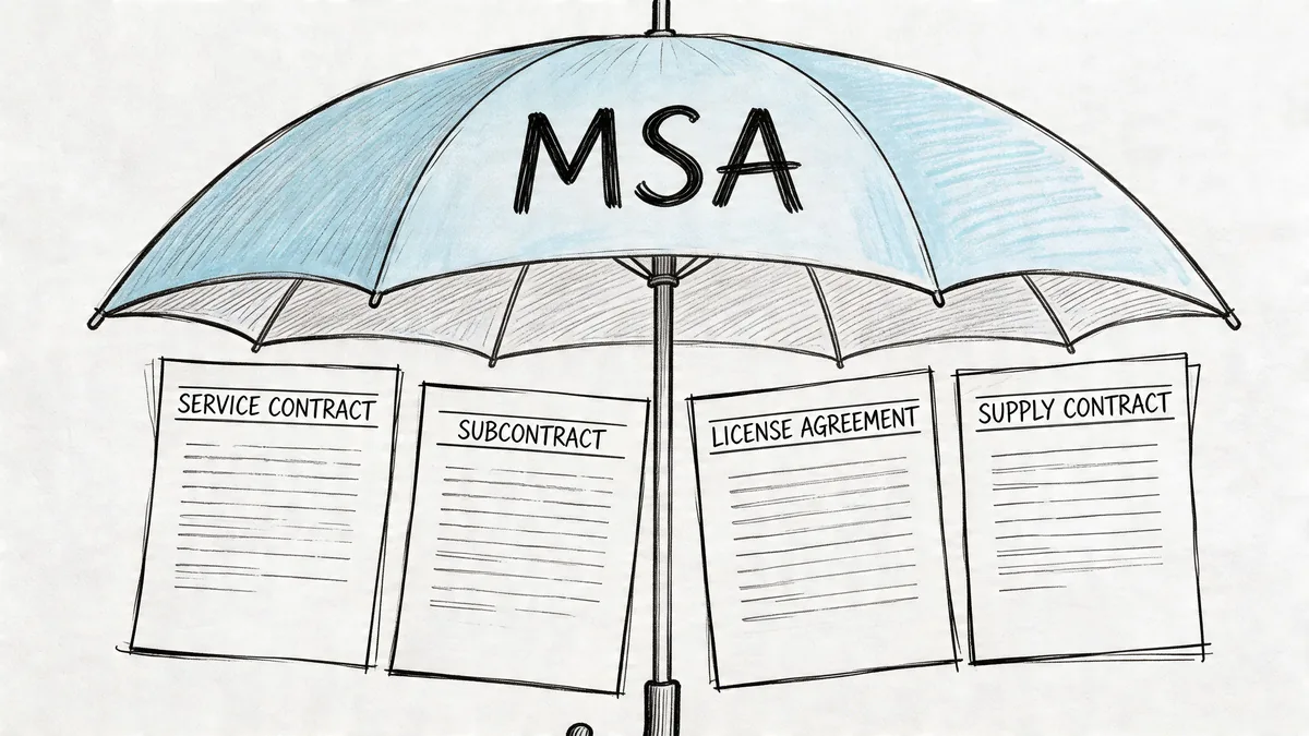 A hand-drawn illustration showing an umbrella labeled MSA protecting various types of business contracts underneath it.