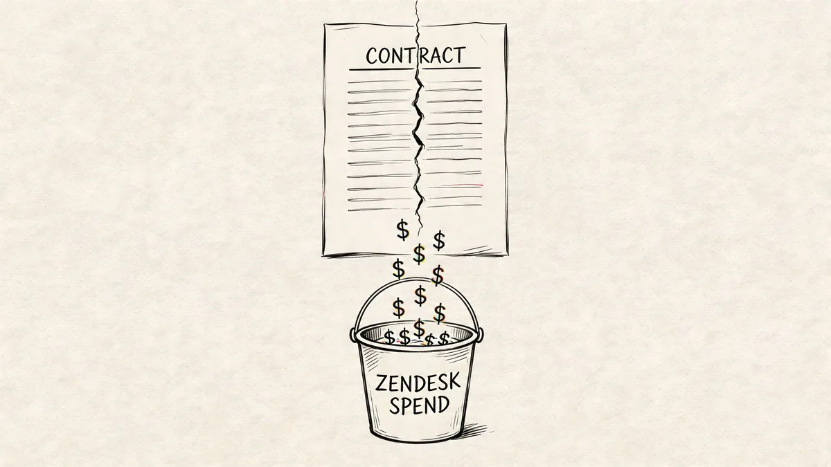A hand-drawn illustration depicting a torn contract spilling dollar signs into a bucket labeled Zendesk Spend.