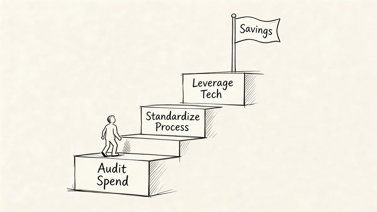 A line drawing illustration showing a person climbing stairs labeled Audit Spend, Standardize Process, and Leverage Tech to reach Savings.