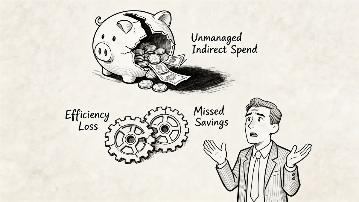 A broken piggy bank and fractured gears symbolizing unmanaged indirect spend, efficiency loss, and missed savings for businesses.