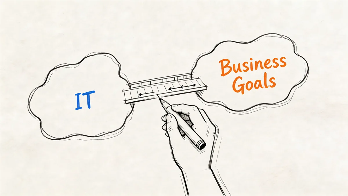 A hand drawing a bridge to connect IT and business goals to illustrate alignment.