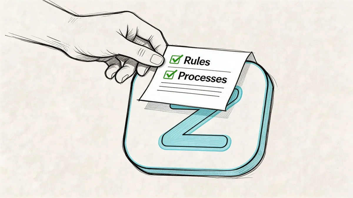 A hand holding a document with checkmarks next to the text Rules and Processes above a stylized letter Z.