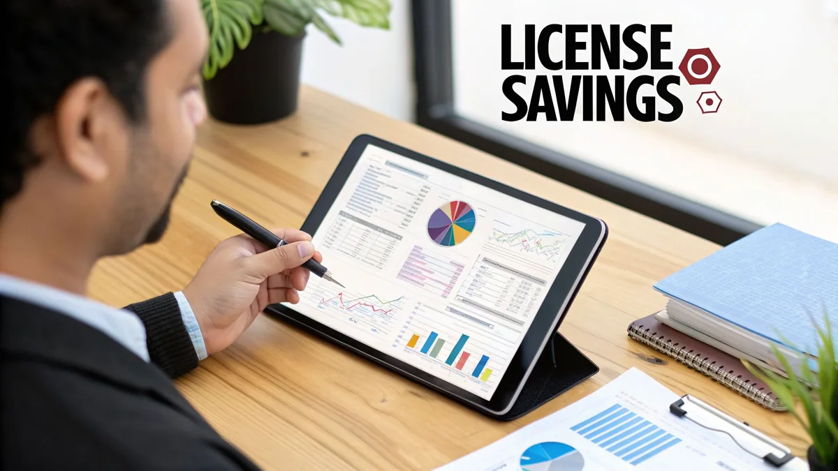 A person analyzes business data, charts, and graphs on a tablet at a desk, indicating license savings.